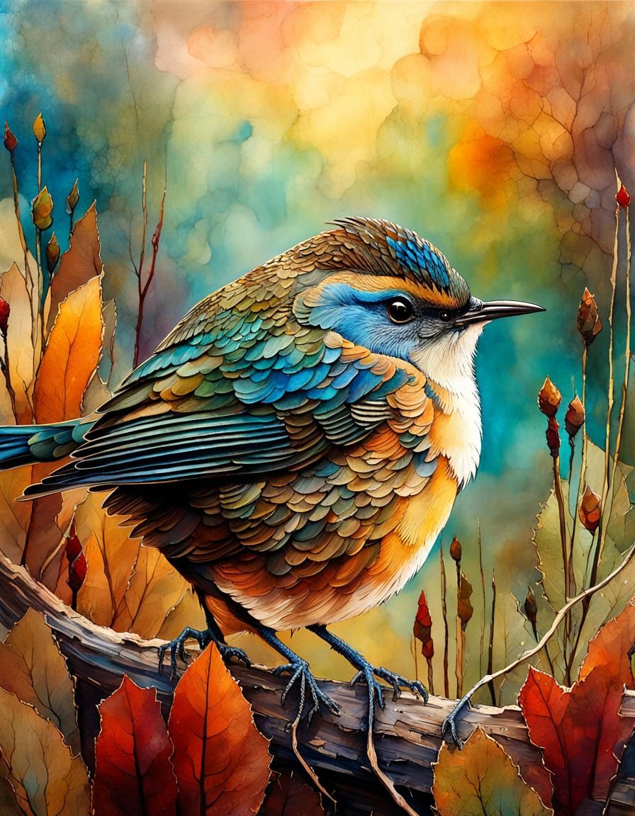 Wren in Sonoran Desert, Mixed Media Art
