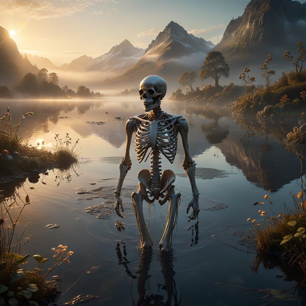 Ethereal Skeleton Emerges from Misty Loch