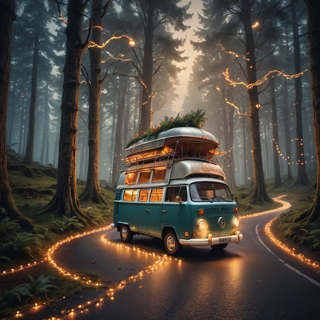 Mystical Campervan in Whimsical Forest, Detailed Matte Paint...