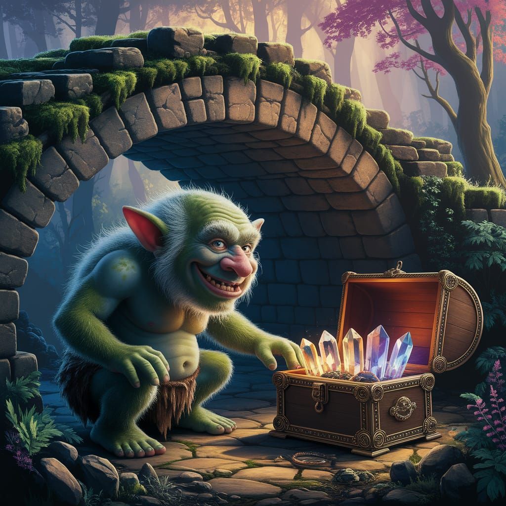 Moss Troll Guarding Crystal Treasure: Fantasy Realism