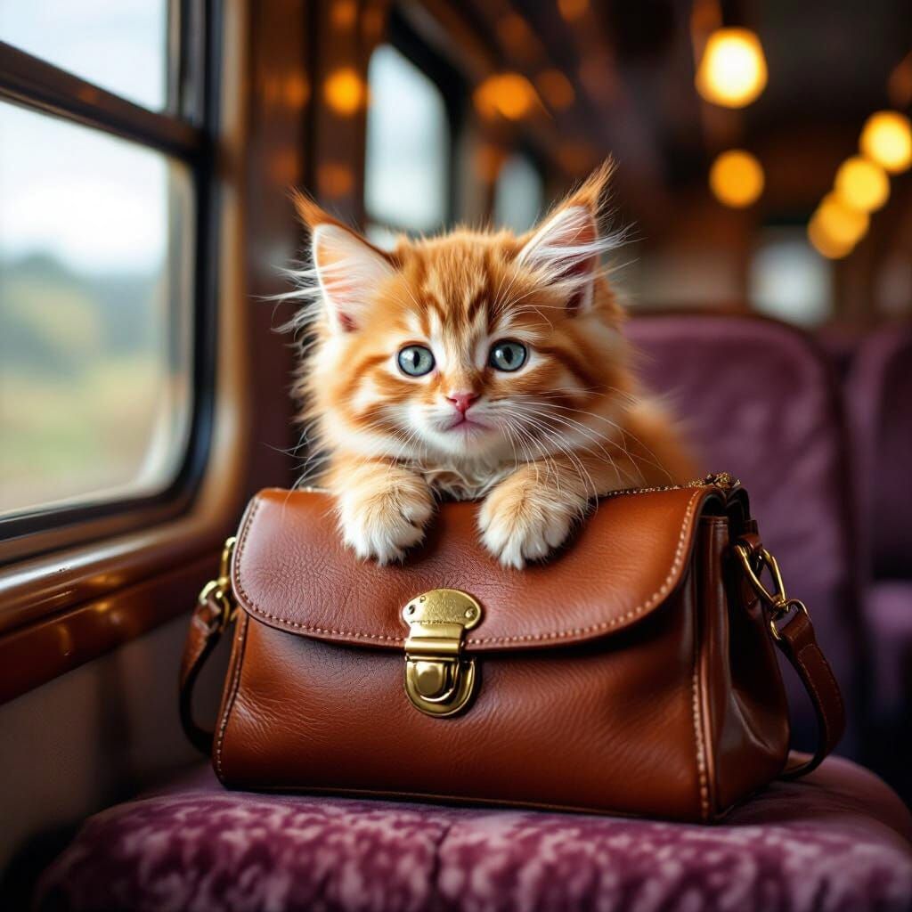 Fluffy Kitten Peeking From Vintage Purse on a Train