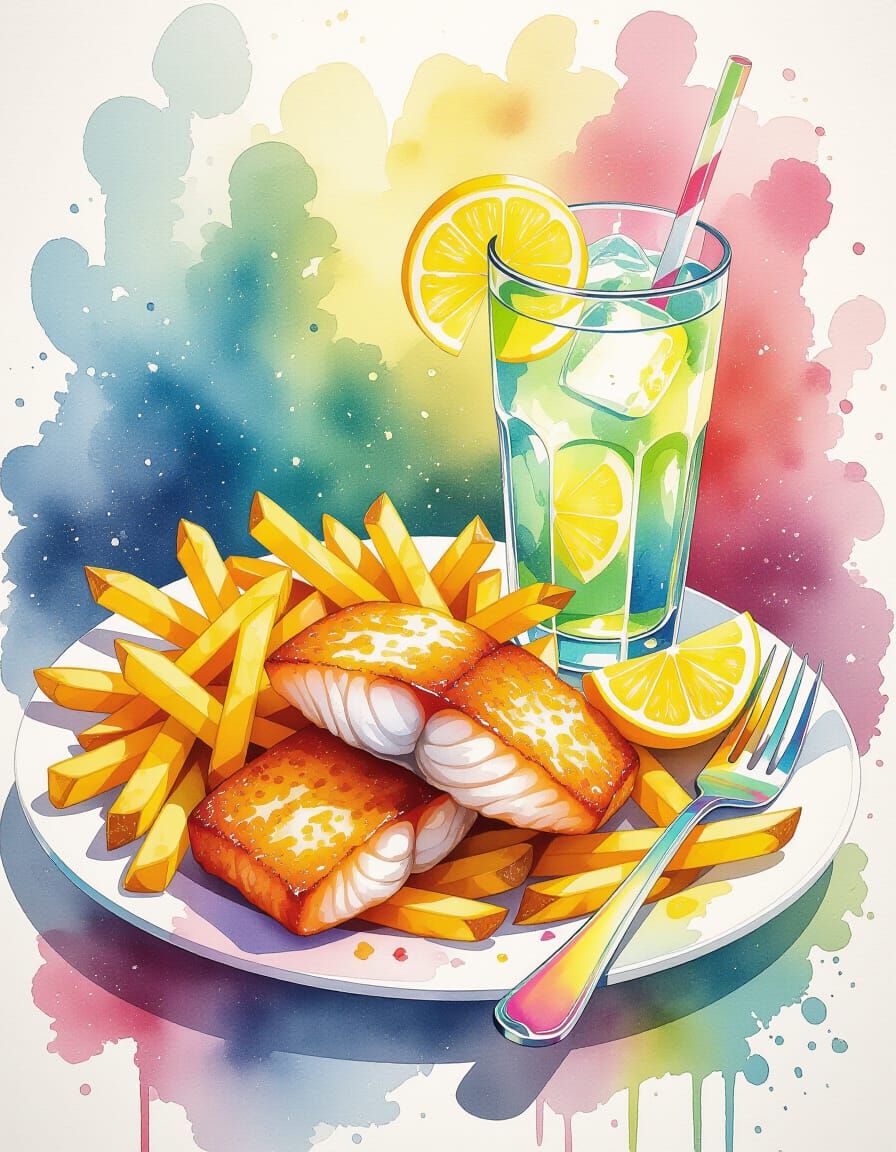 Vibrant Watercolor Splash Art of Fish and Fries