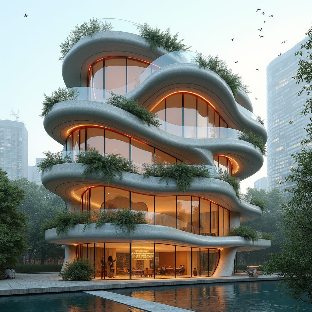 Futuristic Flower Building with Snake Skin Texture and Timbe...