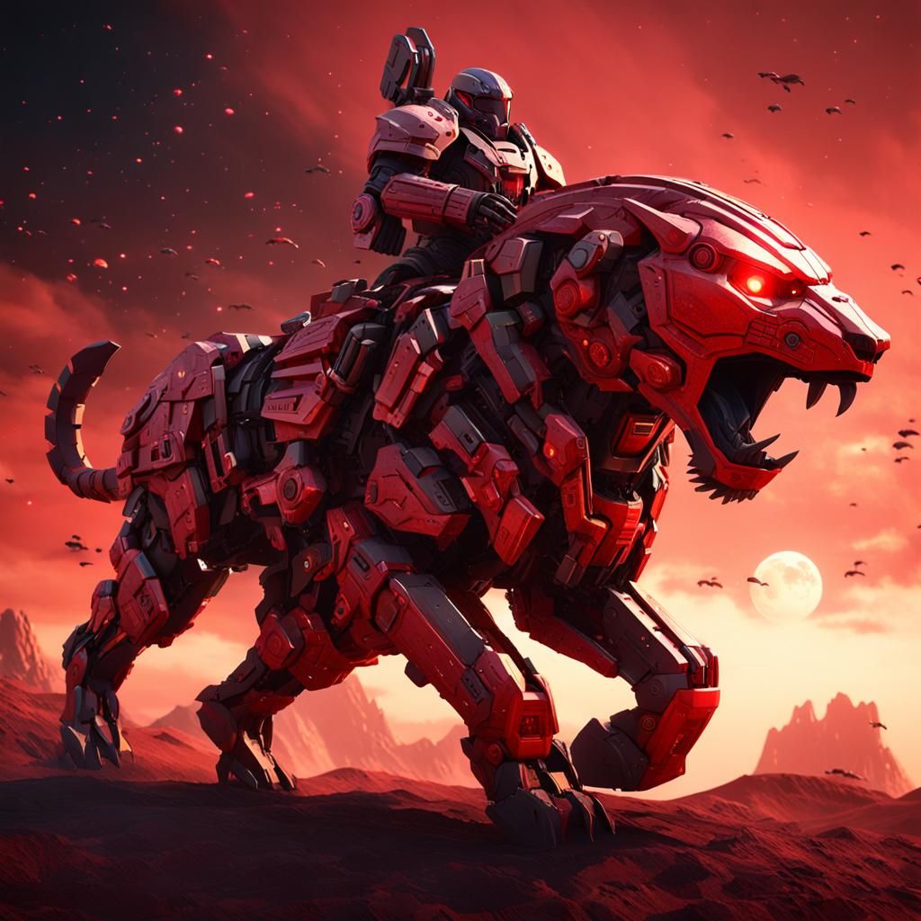 Spartan on Smilodon Under Red Moon in Sci-Fi Style