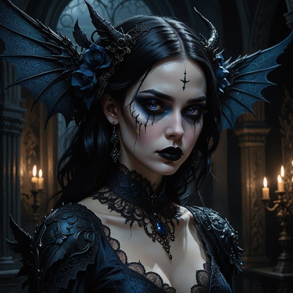 Ethereal Gothic Goddess with Iridescent Hair and Demon Wings