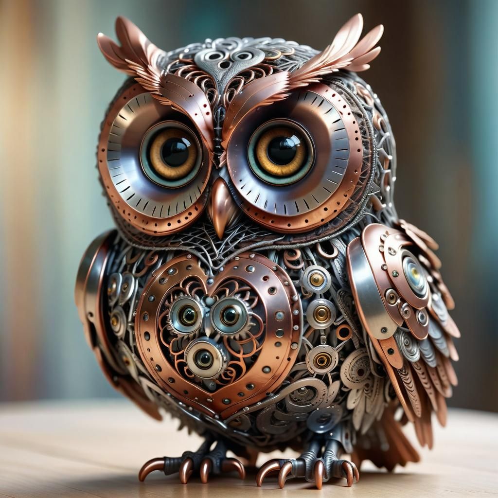 Detailed Metal Owl Cyborg Sculpture