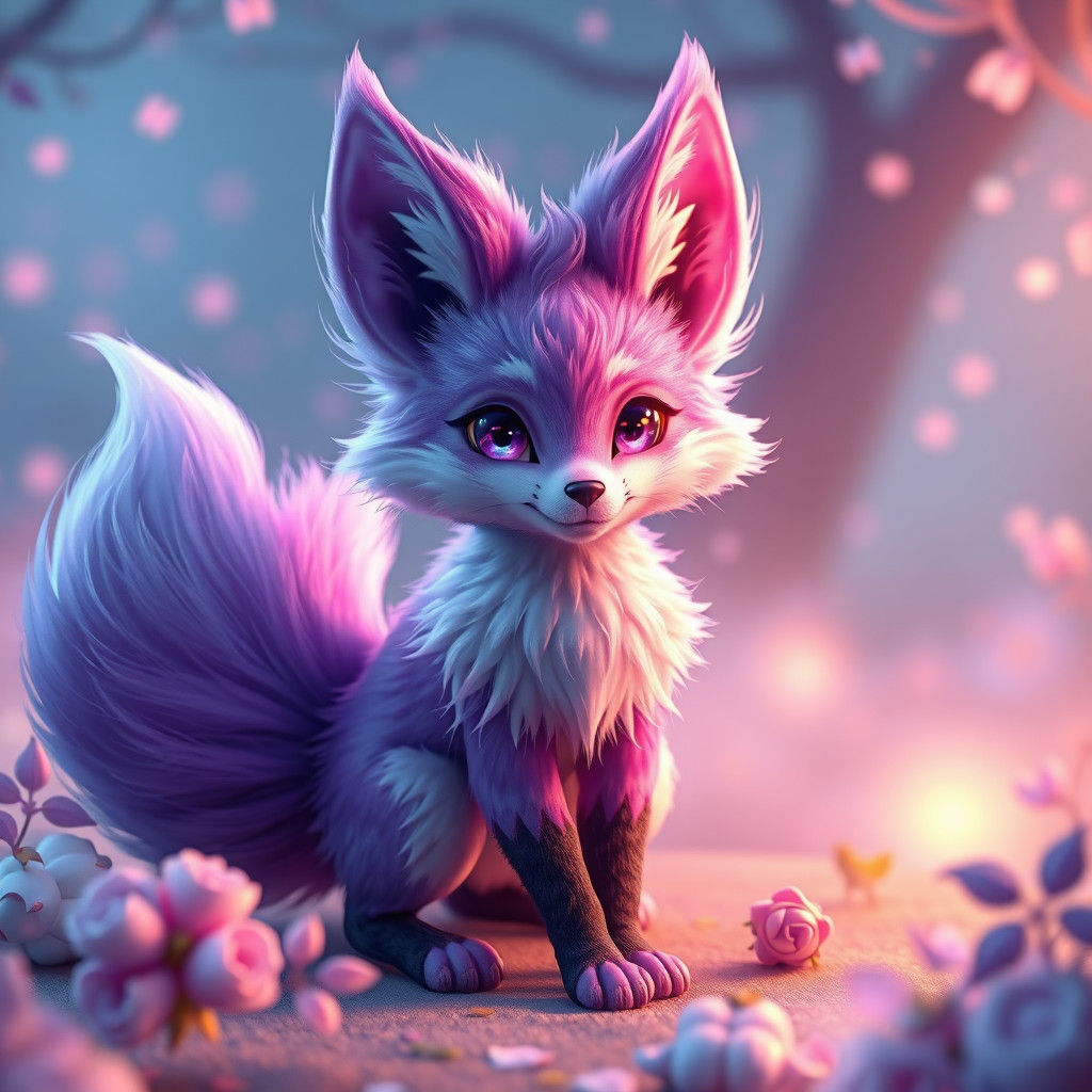 Violet Three-Tailed Fox in Anime Style