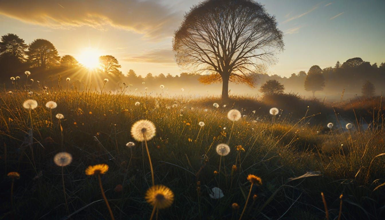 Surreal Cinematic Dandelion Landscape with Ethereal Mist