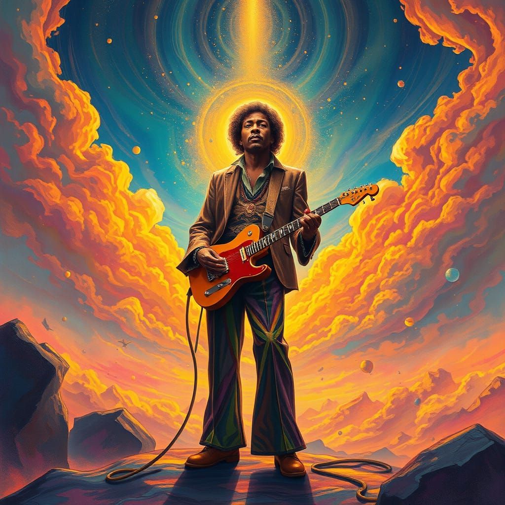 Ethereal Jimi Hendrix in Vibrant Dreamworld