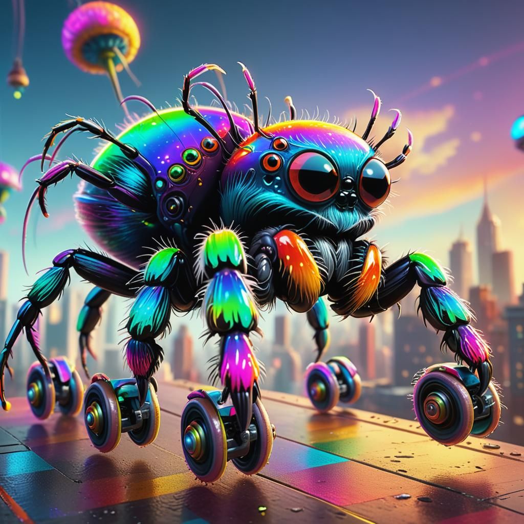 Rainbow Spider Skates Through Bioluminescent Cityscape