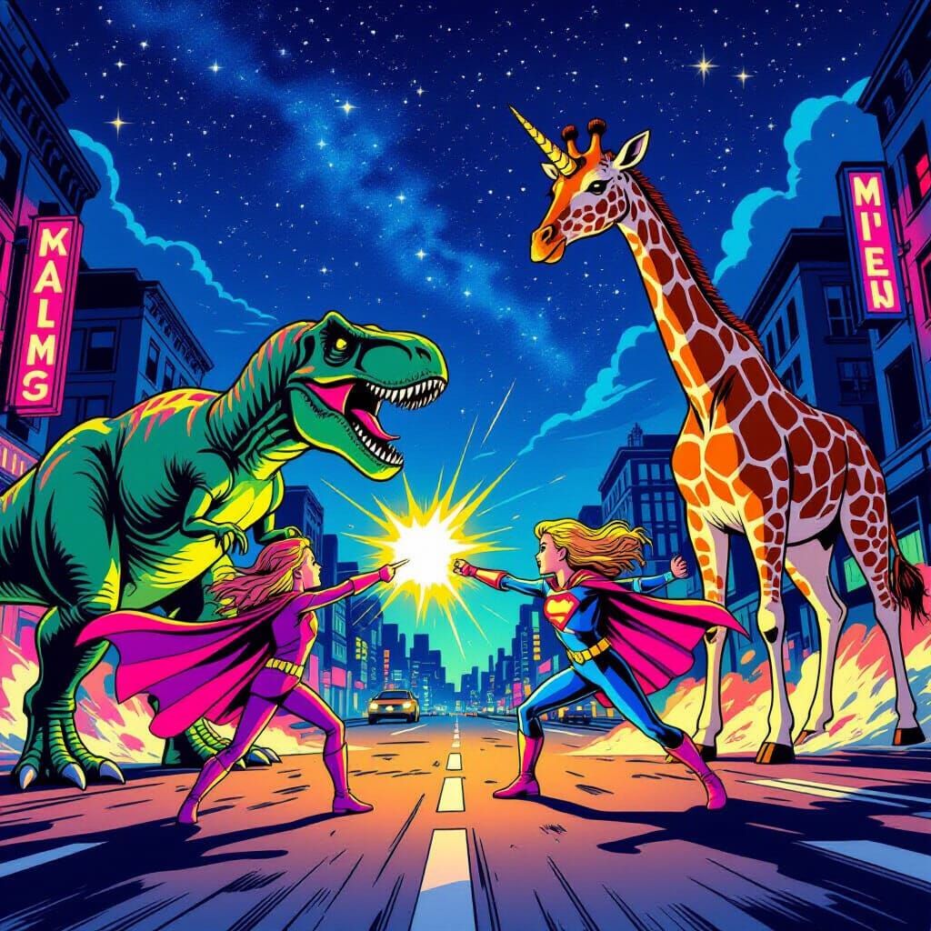 Young Girl Superheroes Battle Dinosaur and Giraffe Under Sta...