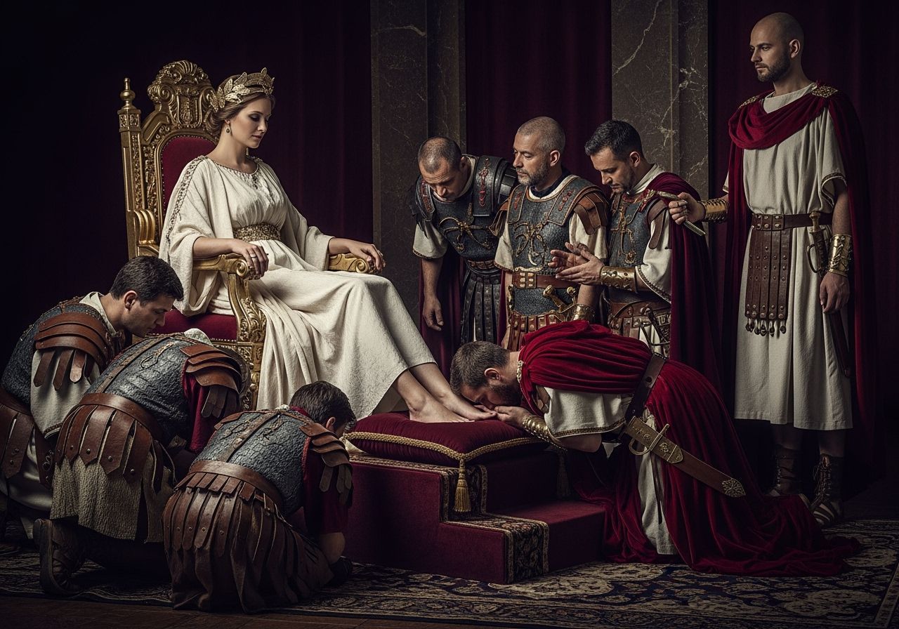 Barefoot Roman Empress on Golden Throne, Professional Photog...