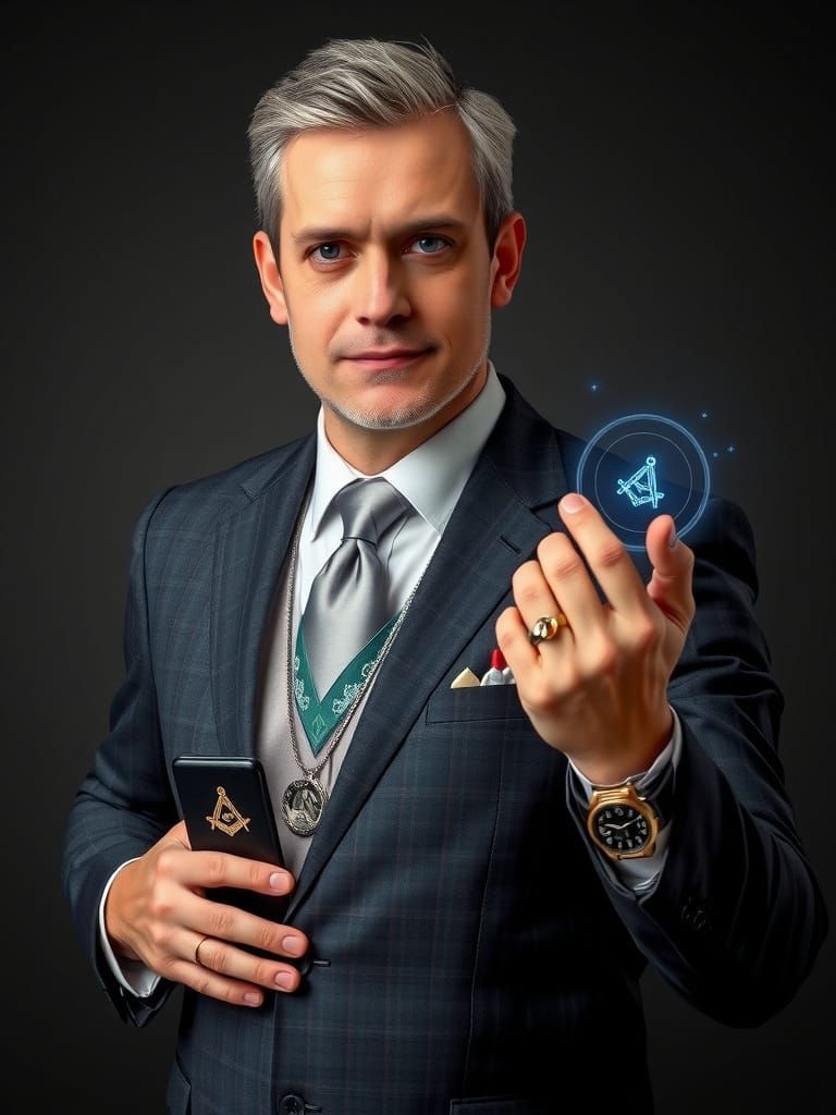 Modern Gray Magician with Masonic Symbols and Tech
