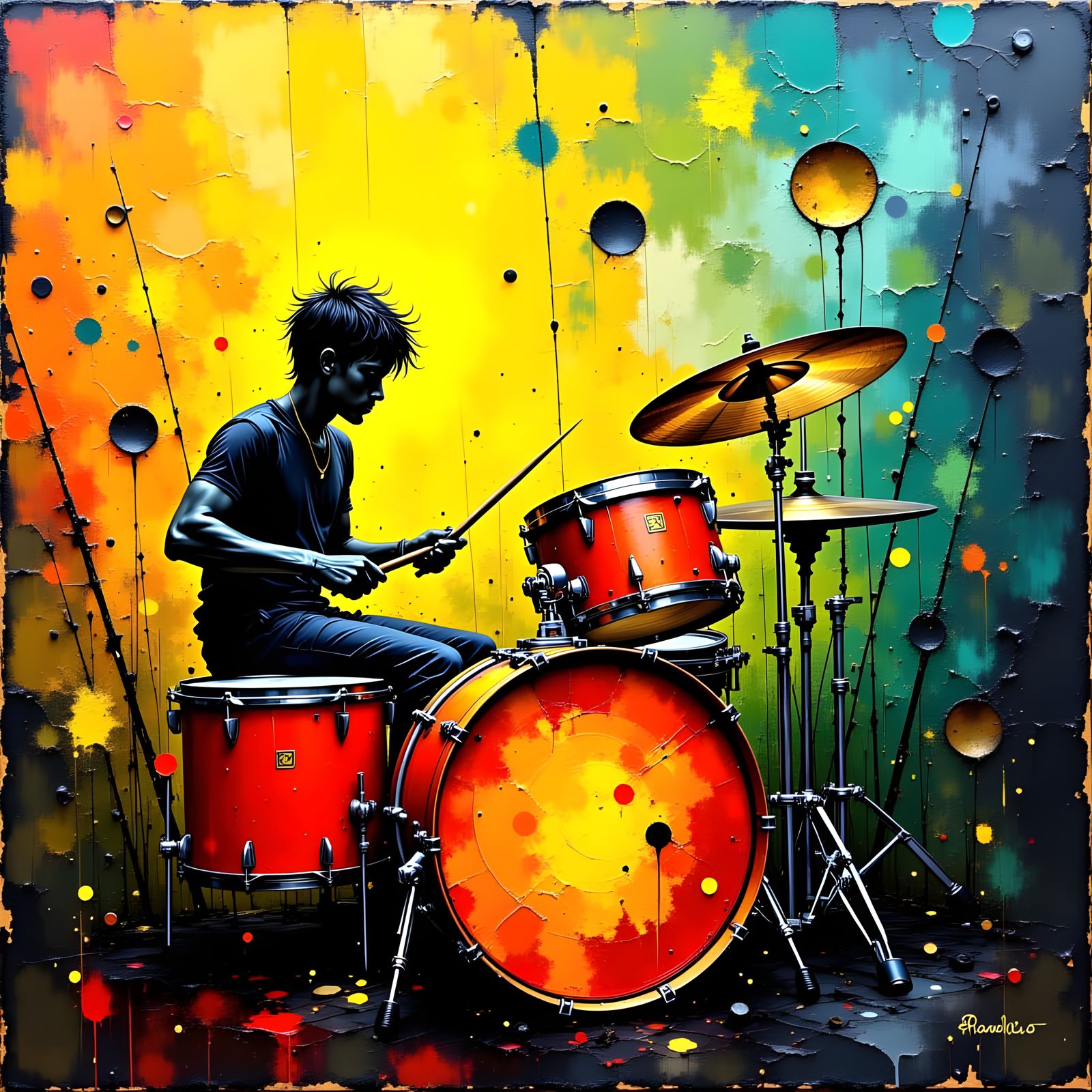 Dynamic Drummer with Impasto Brushstrokes in Abstract Style