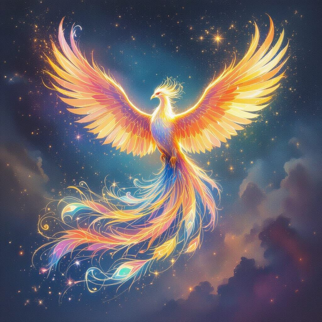 Bioluminescent Phoenix Soaring Through Nebula in Watercolor ...