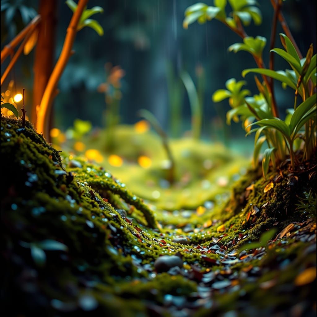 Rainy Night in Fairy Forest Macro Photograph