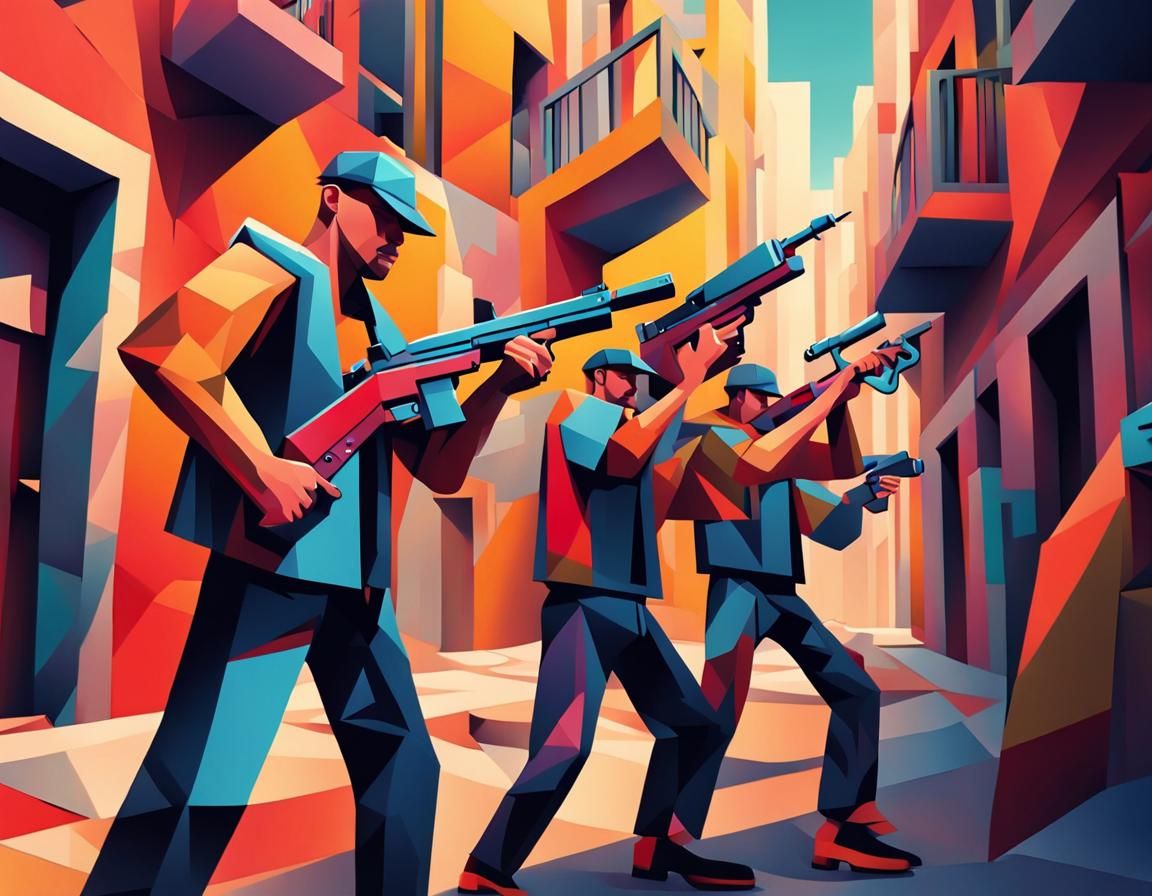 Cubist Drill Rap Musicians in Rundown Alley