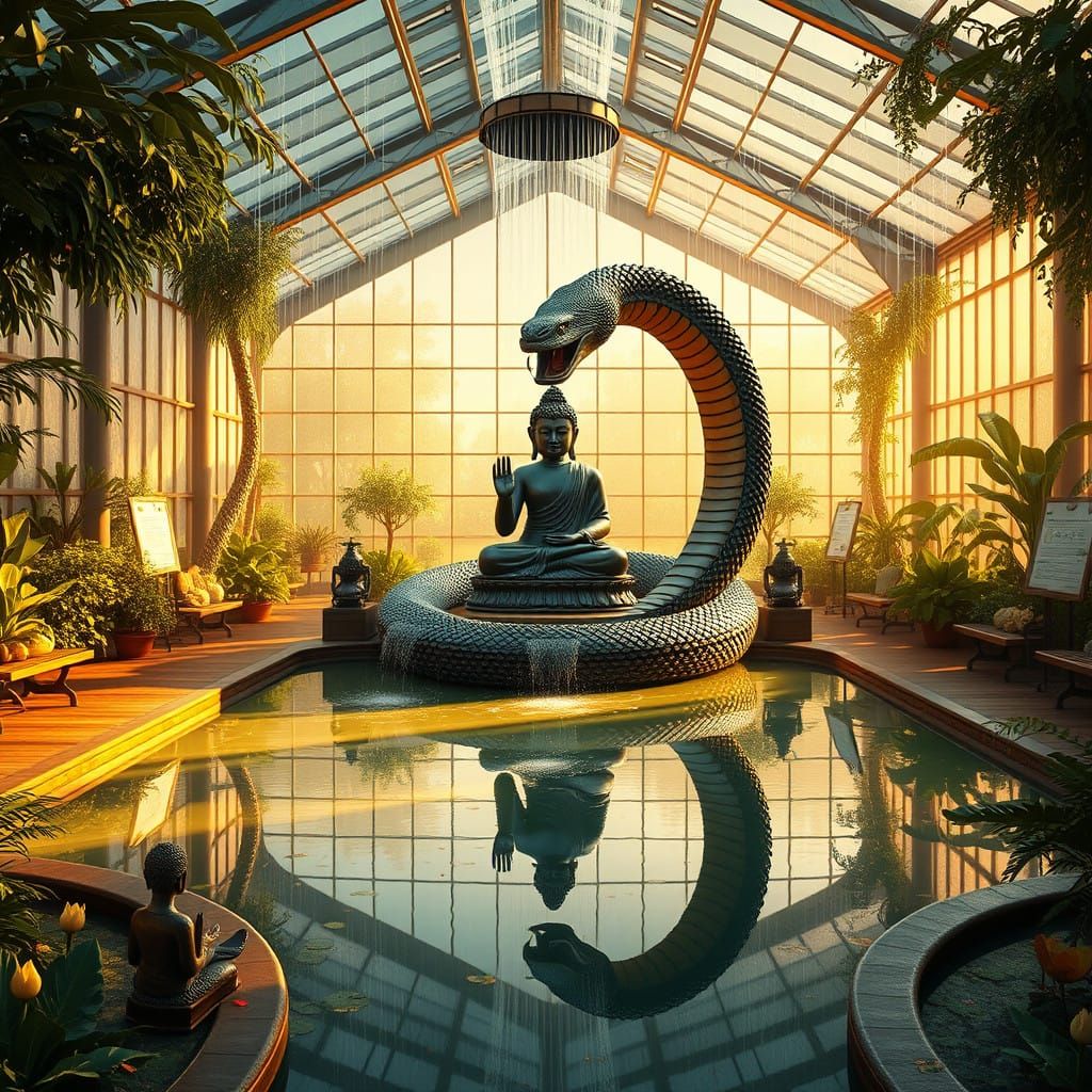 Majestic Naga Serpent Protects Buddha from Rain in a Vibrant...