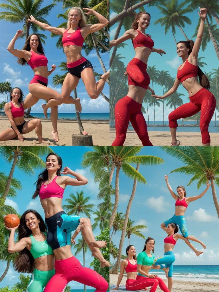 Two Women Exercising on Tropical Beach with Sloth