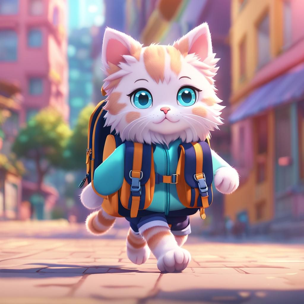 Cute Kitten Walks to School in Kawaii 3D Anime Art Style