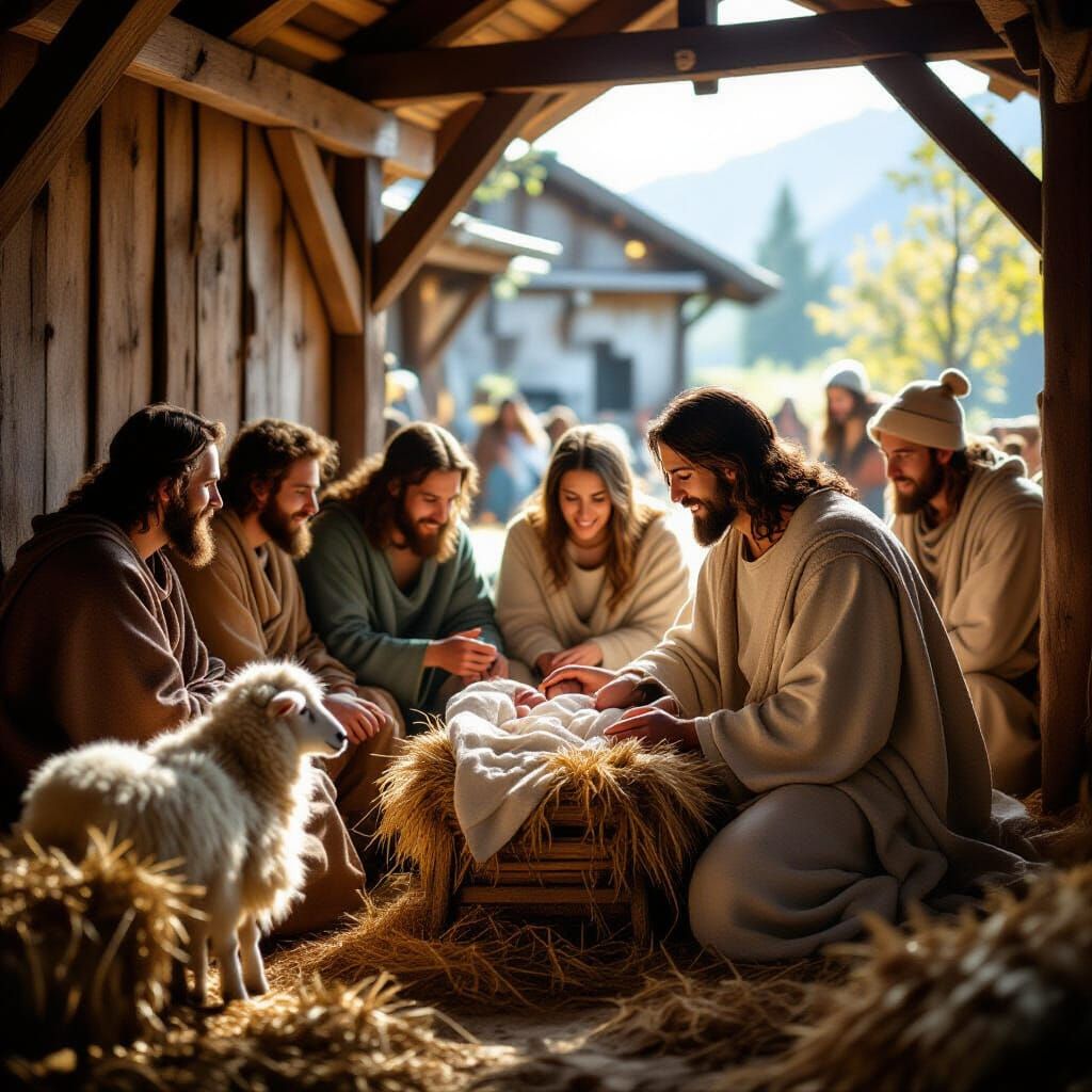 Jesus Christ Born in Bethlehem with Shepherds