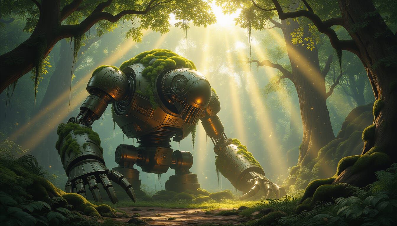 Colossal Ancient Automaton in Enchanted Forest Clearing