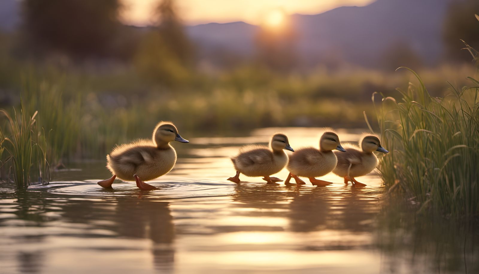 Ducklings Follow Mother Duck at Sunset