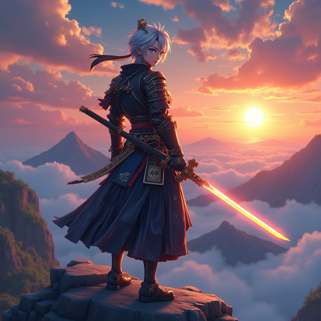 Anime Swordsman Ready for Battle at Sunset