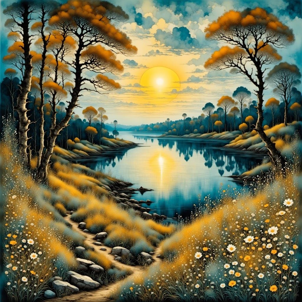 Midsummer Night Scene in Swedish Lake Landscape