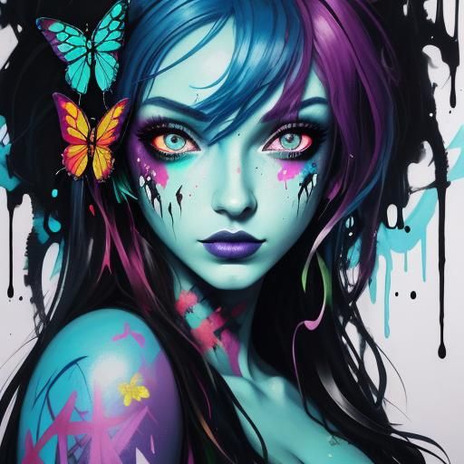 Girl with Butterflies in Enchanted Graffiti Forest
