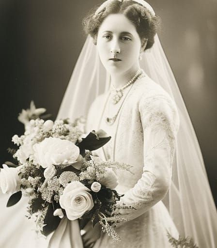 1920s Bride in Wedding Dress, Sepia Photograph
