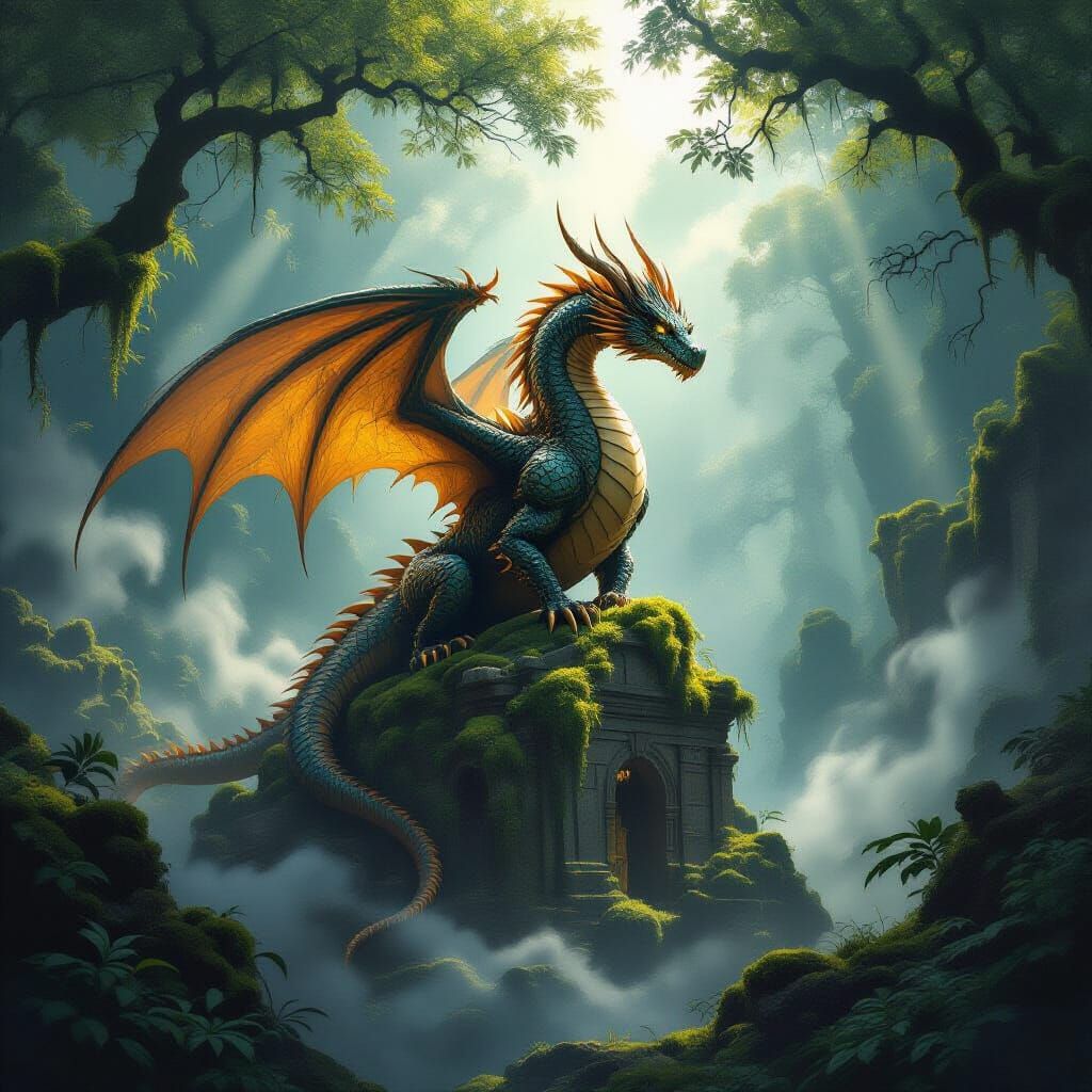 Majestic Golden Dragon on Ruin in Misty Forest