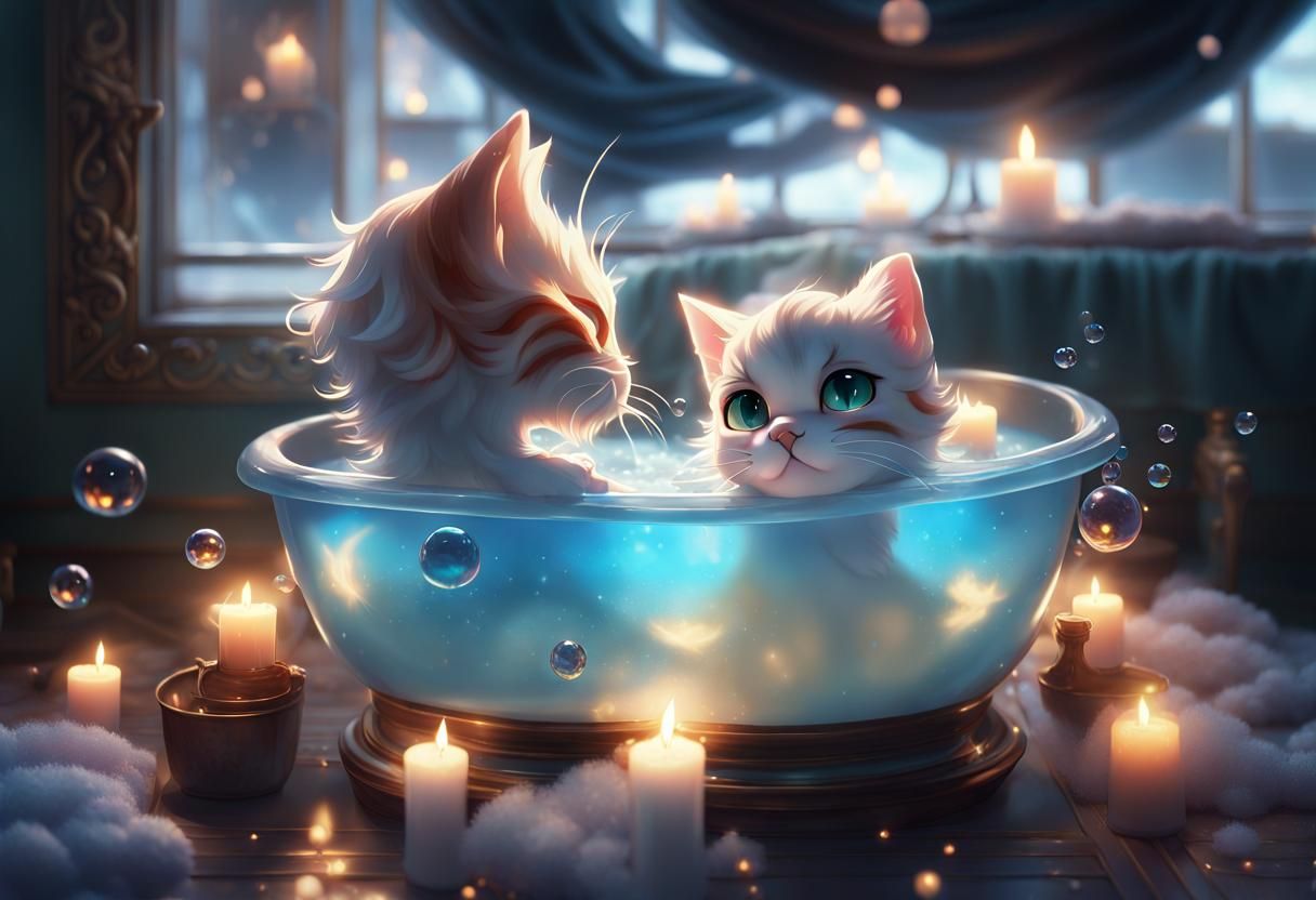 Anthropomorphic Kitten in Luxurious Bubble Bath