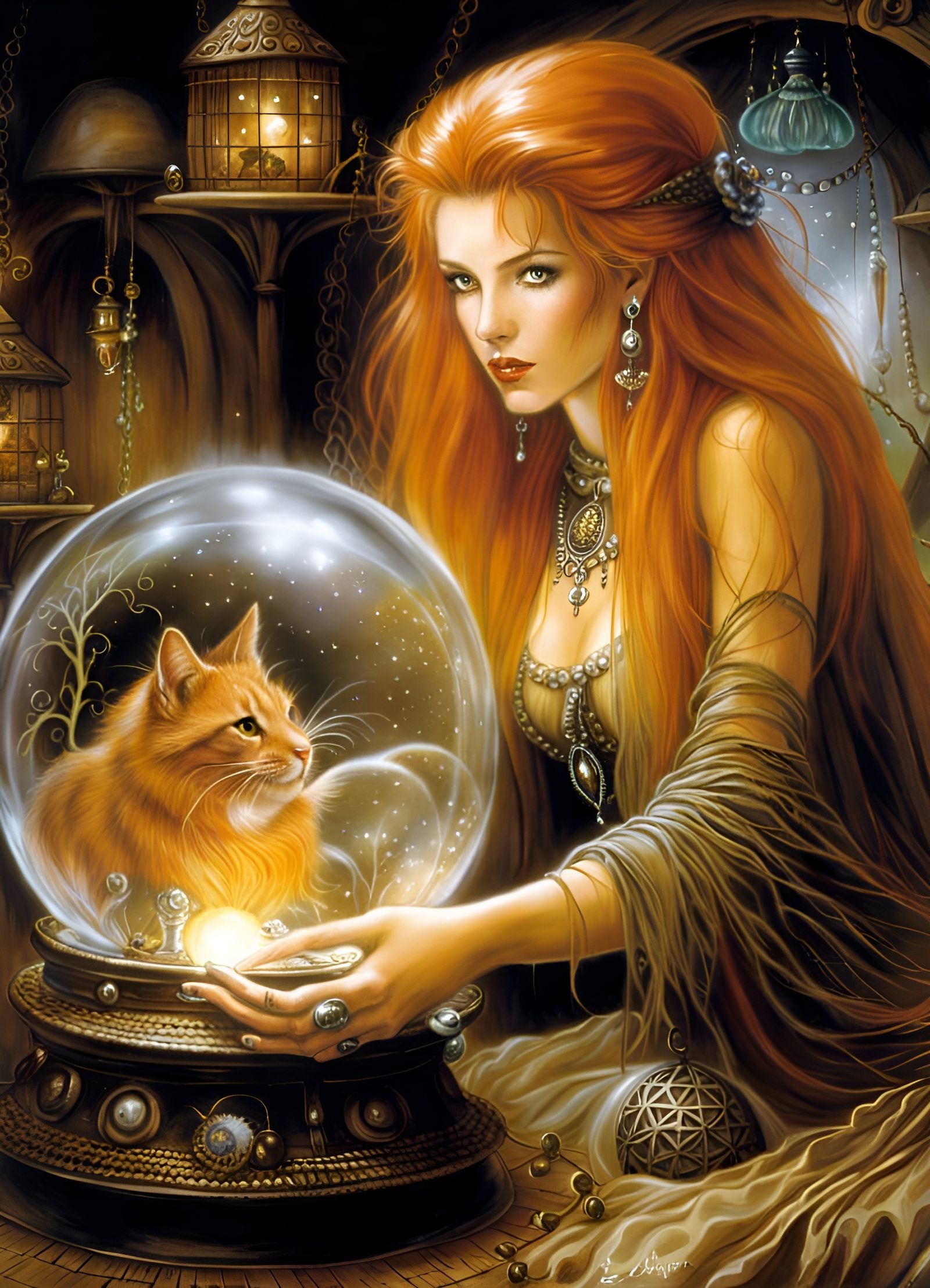 Ginger Witch Gazing into Crystal Ball