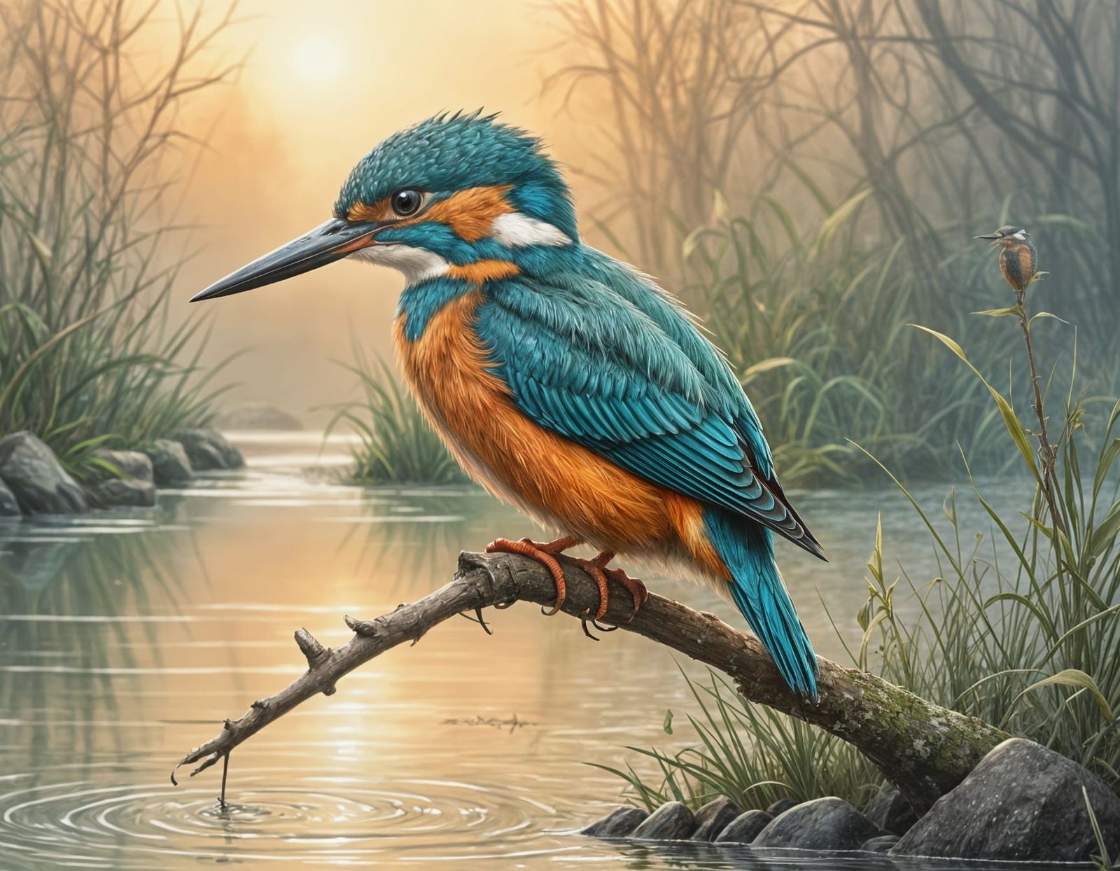 Vibrant Kingfisher in Whimsical Foggy Landscape