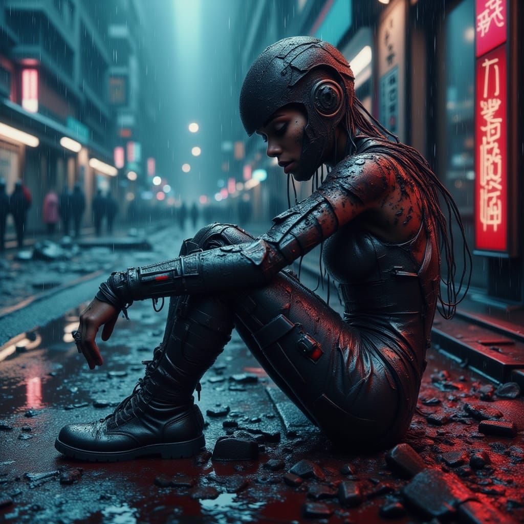 Damaged Cyborg in Neon Rain