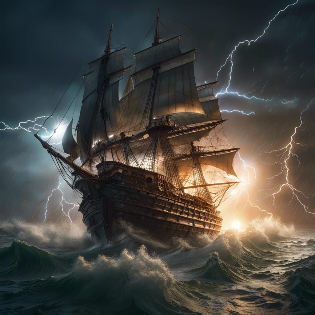 Galleon Ship Lightning Storm in Photorealistic Style