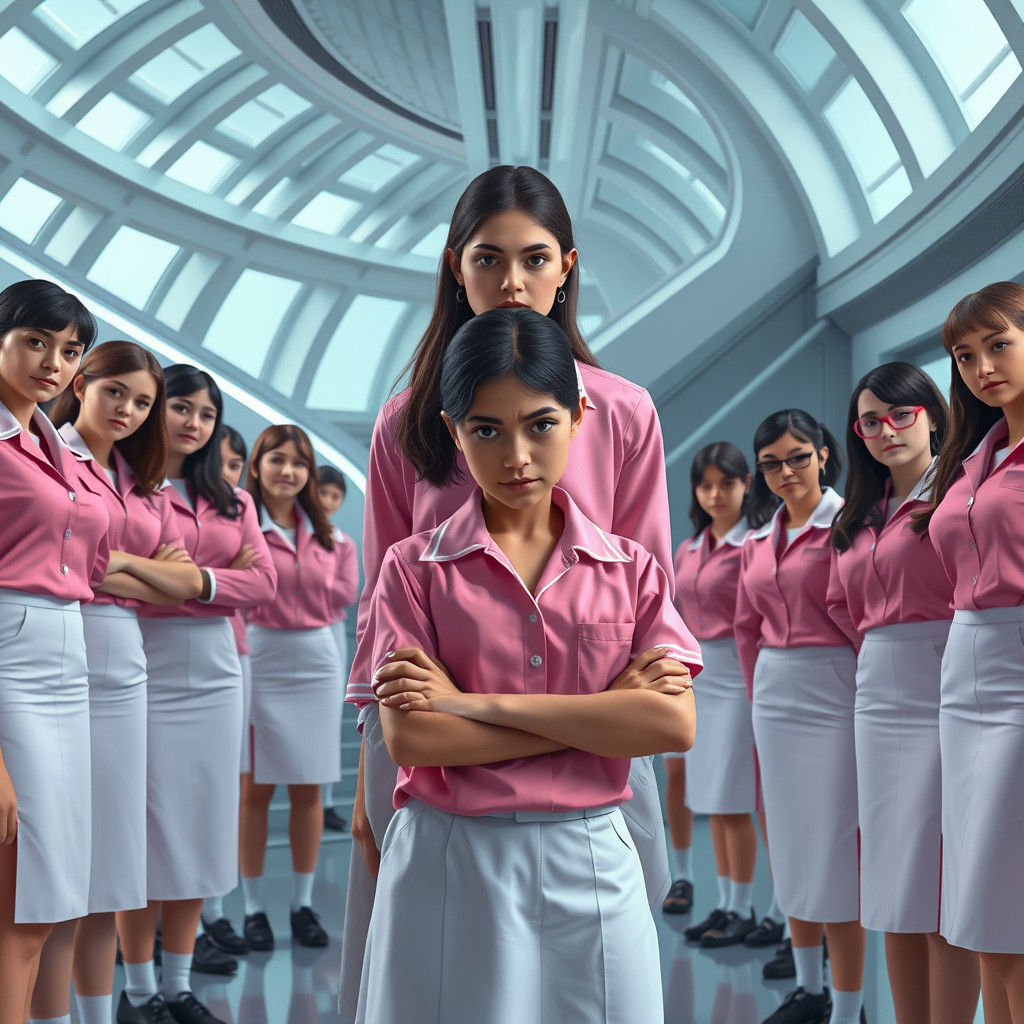 Teen Sarah Defends Nora in Futuristic Classroom