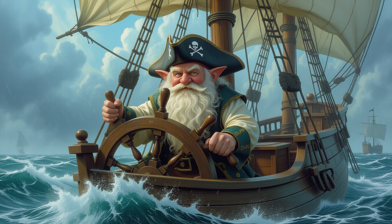 Hobbit Pirate Captain Navigating Stormy Seas
