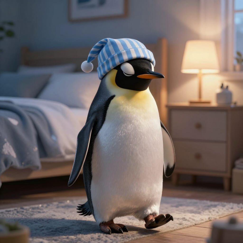 Photorealistic Penguin Waddles to Sleep in Cozy Bedroom