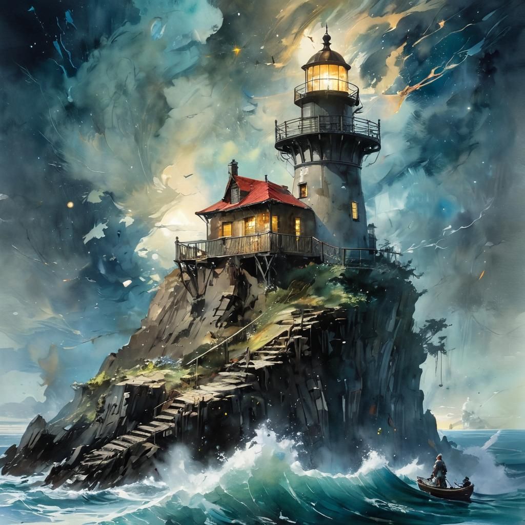 Stormy Lighthouse Astral Dream in Watercolor Style