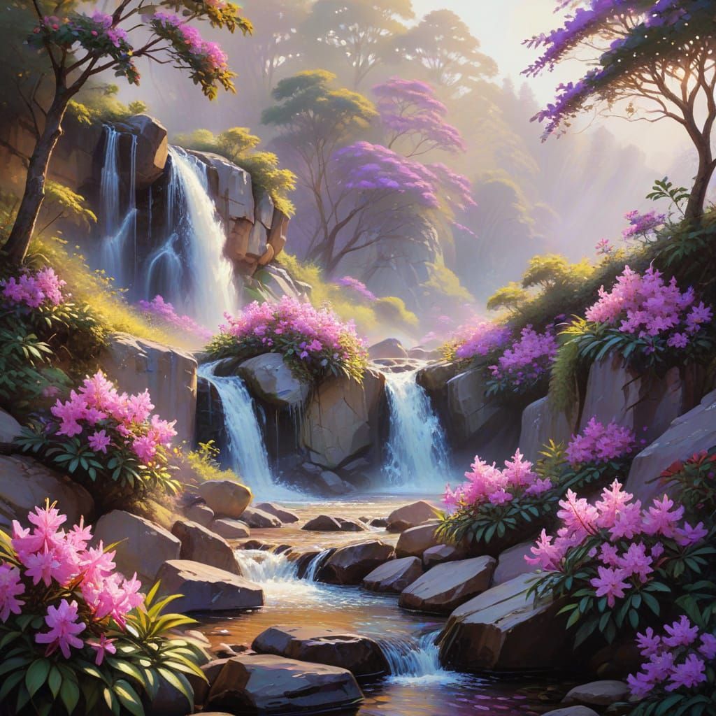 Impressionist Waterfall Landscape with Rhododendrons