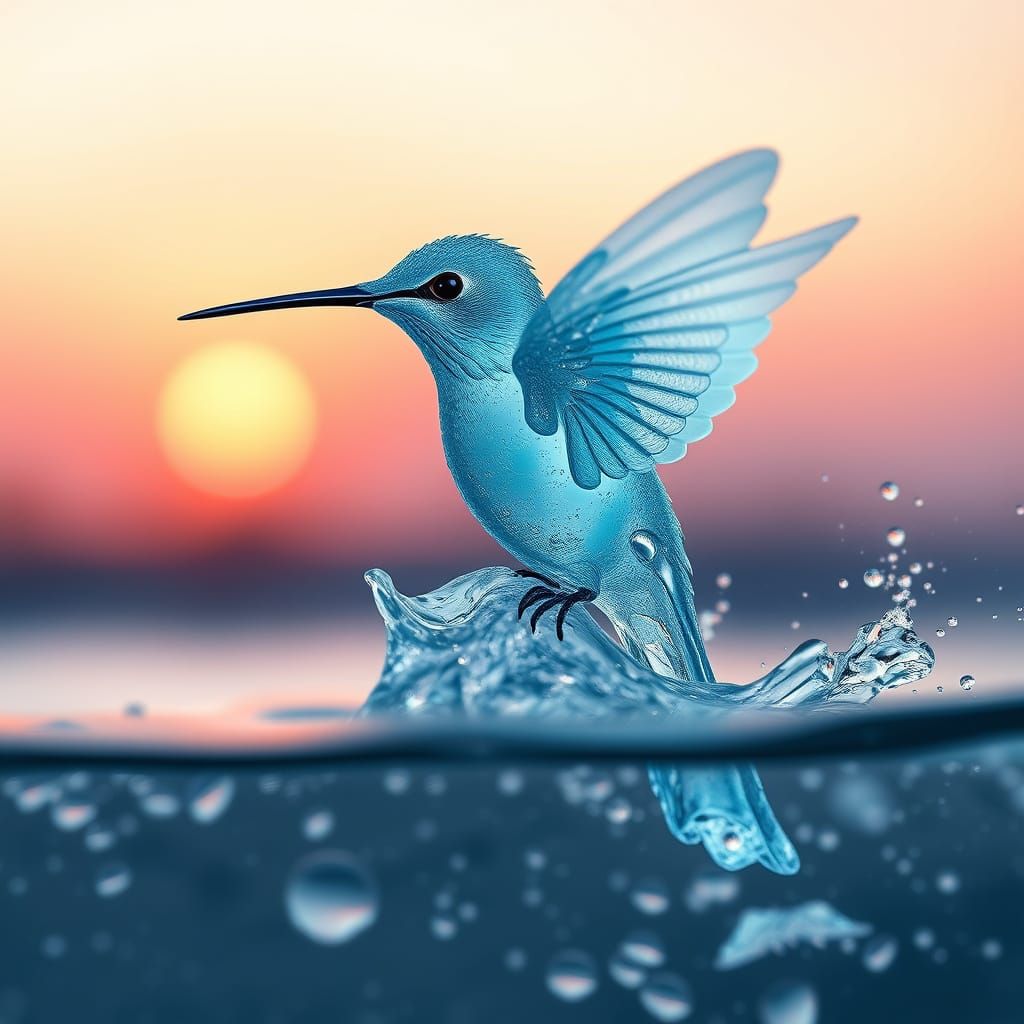 light blue hyper detailed water hummingbird made of ice, swa...