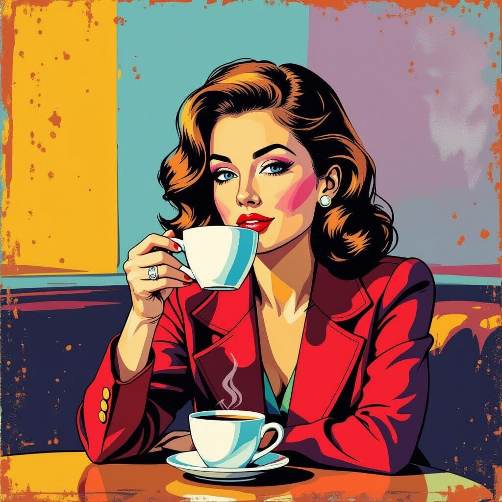 Woman Sipping Coffee in Pop Art Style