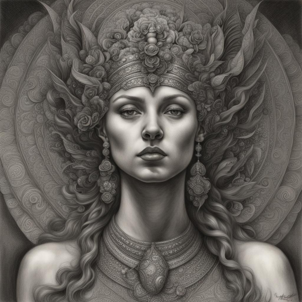 Goddess Atargatis: Hyperdetailed Charcoal Drawing