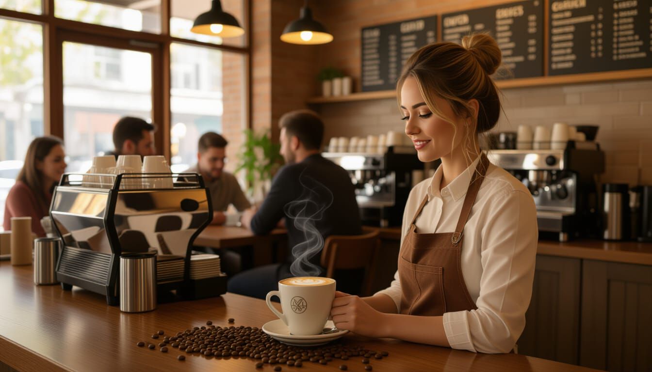 Hyperrealistic Barista Serving Coffee in Warm Cafe