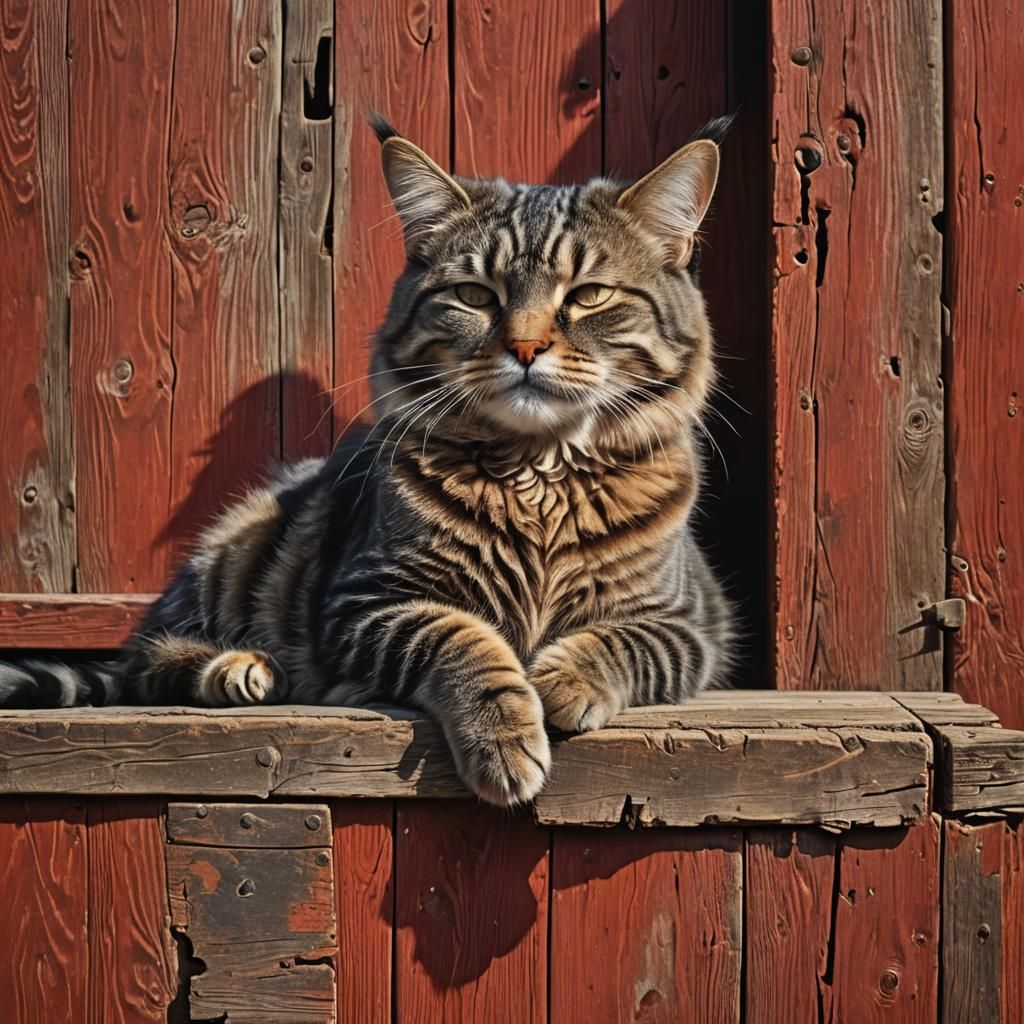 Fluffy Tabby Cat Sleeping in Sunny Barn