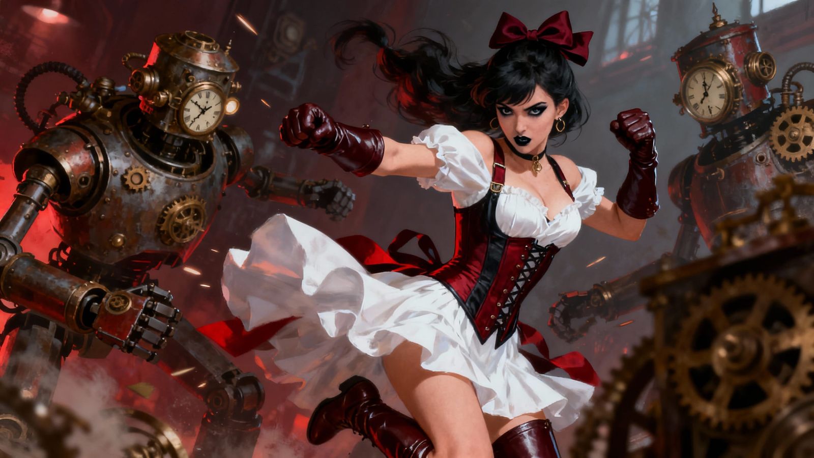 Superheroine Sadie Fights Steampunk Robots in Digital Painti...