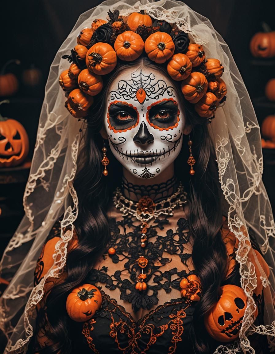"Close up portrait of beautiful smiling woman with Halloween sugar skull makeup in orange and black colors, wearing brid...