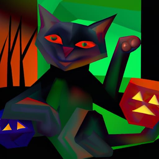 Black Cat Juggling Jack O'Lanterns in Cubist Style